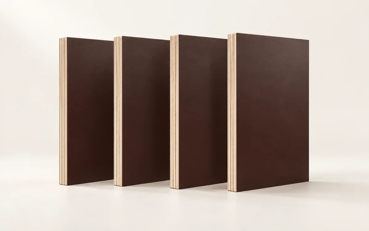 Film kaplı plywood numunelerinde kahverengi yüzeyler ve açık renkli kontrplak kenarları.