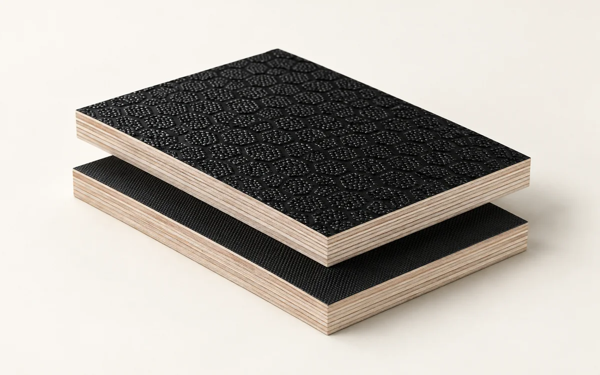 Safir plywood numunelerinde Hexa desenli siyah yüzey ve açık renkli kontrplak katmanları.