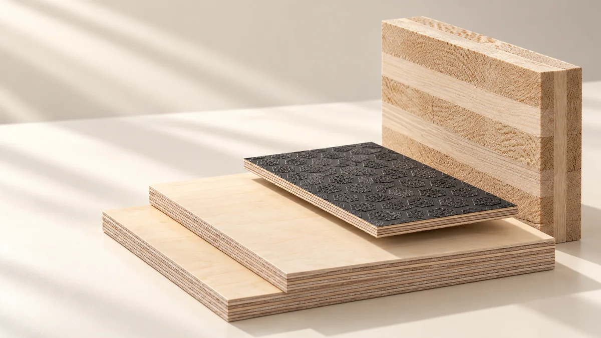 Huş kontrplak, koyu film kaplı plywood ve CLT numunelerinin temsili görseli.